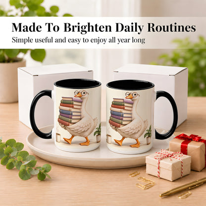 #pl[15oz|Black] Reading Goose Coffee Mug, Book Stack Mug, Ceramic Cup