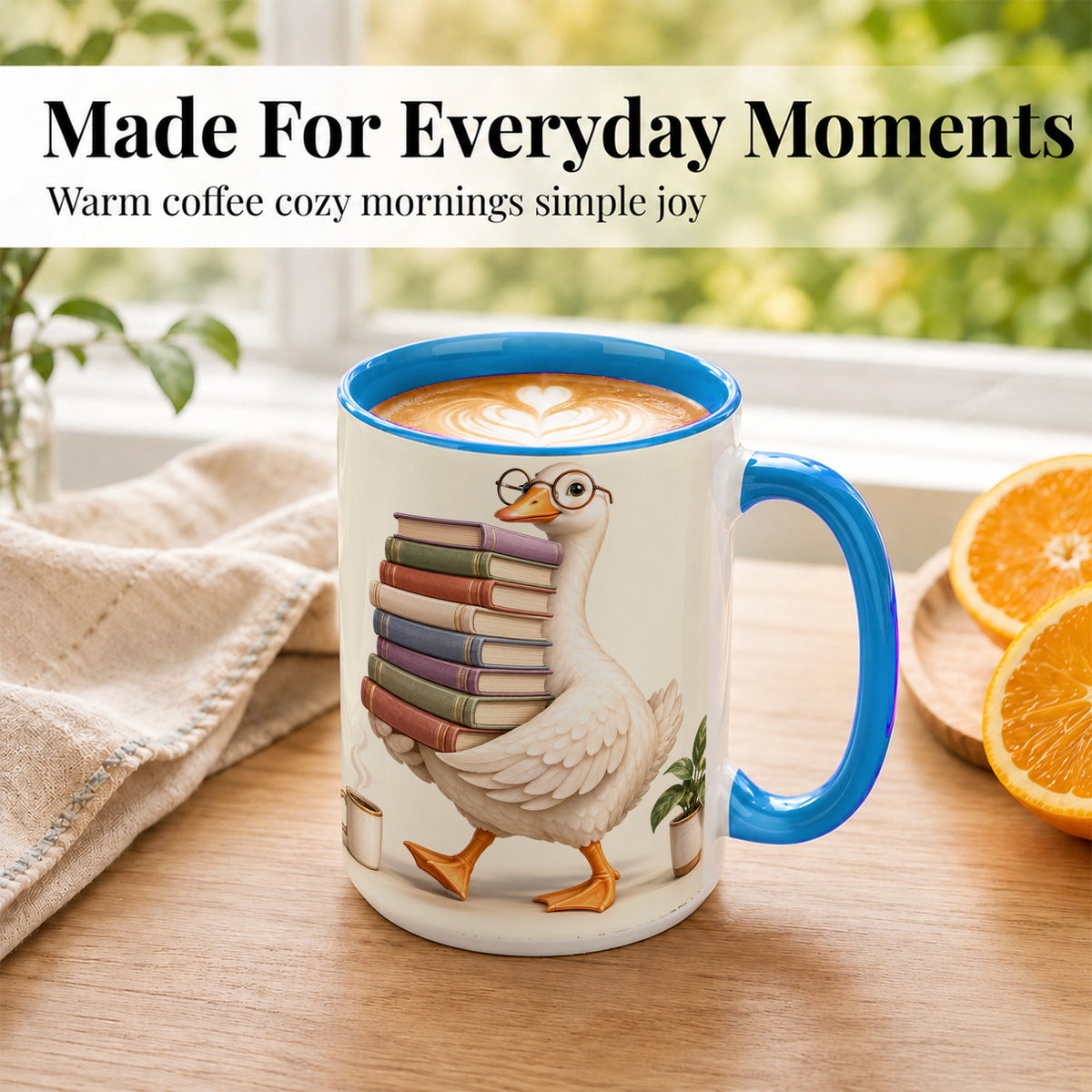 #pl[15oz|Blue] Reading Goose Coffee Mug, Book Stack Mug, Ceramic Cup