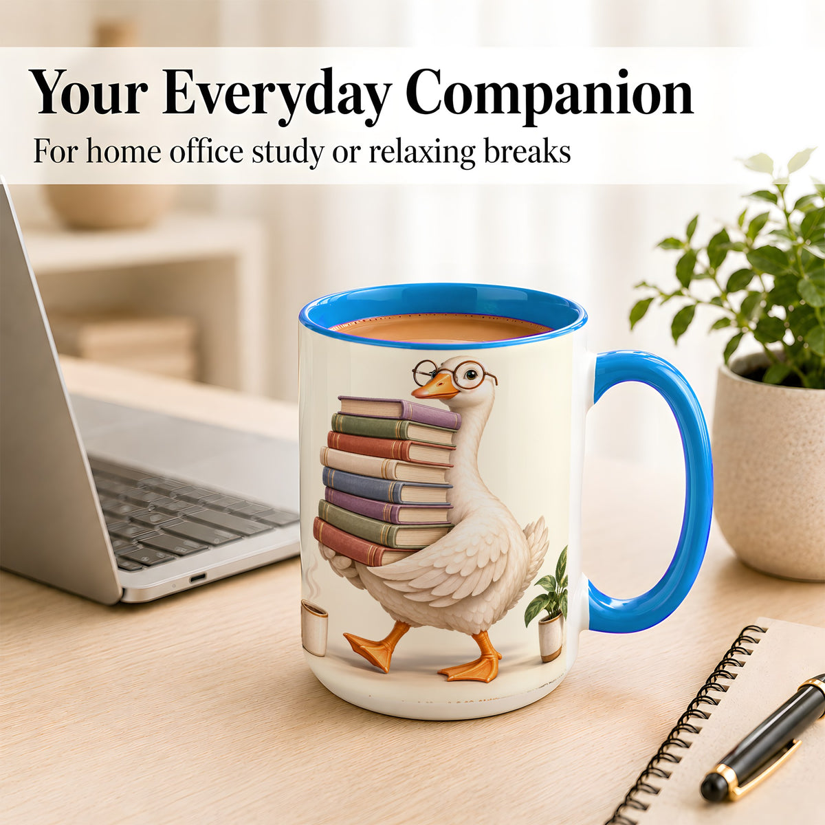 #pl[15oz|Blue] Reading Goose Coffee Mug, Book Stack Mug, Ceramic Cup