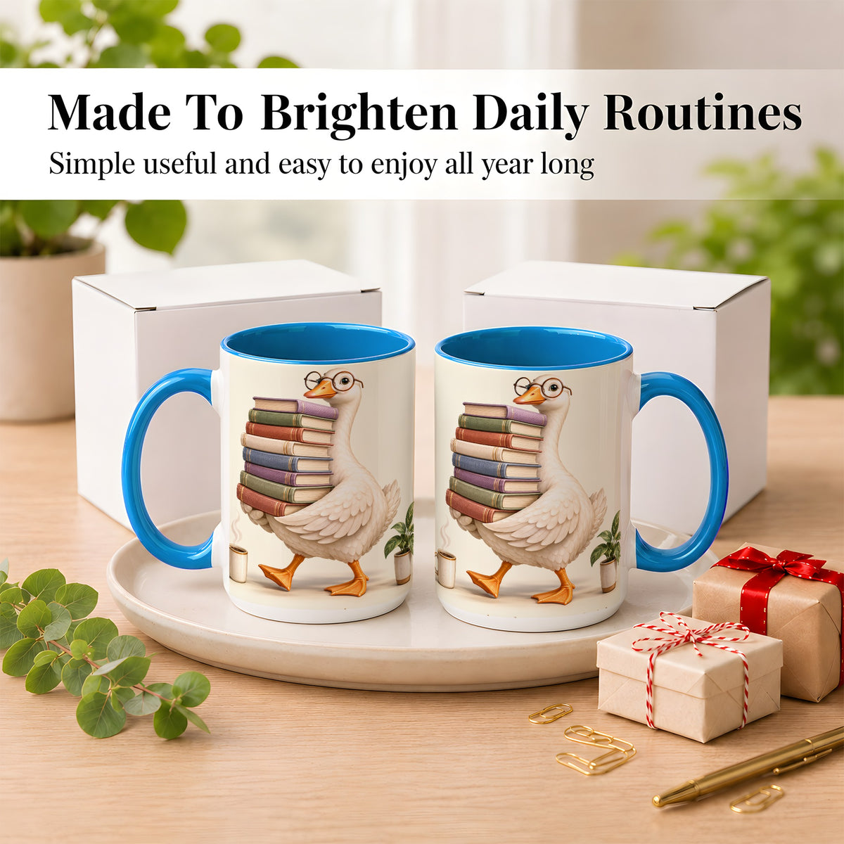 #pl[15oz|Blue] Reading Goose Coffee Mug, Book Stack Mug, Ceramic Cup