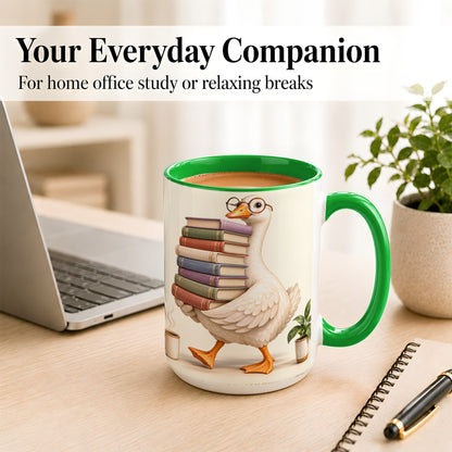 #pl[15oz|Green] Reading Goose Coffee Mug, Book Stack Mug, Ceramic Cup