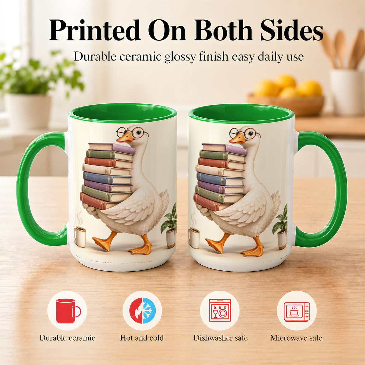 #pl[15oz|Green] Reading Goose Coffee Mug, Book Stack Mug, Ceramic Cup