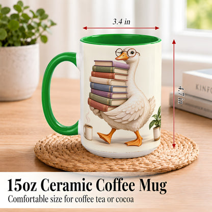 #pl[15oz|Green] Reading Goose Coffee Mug, Book Stack Mug, Ceramic Cup