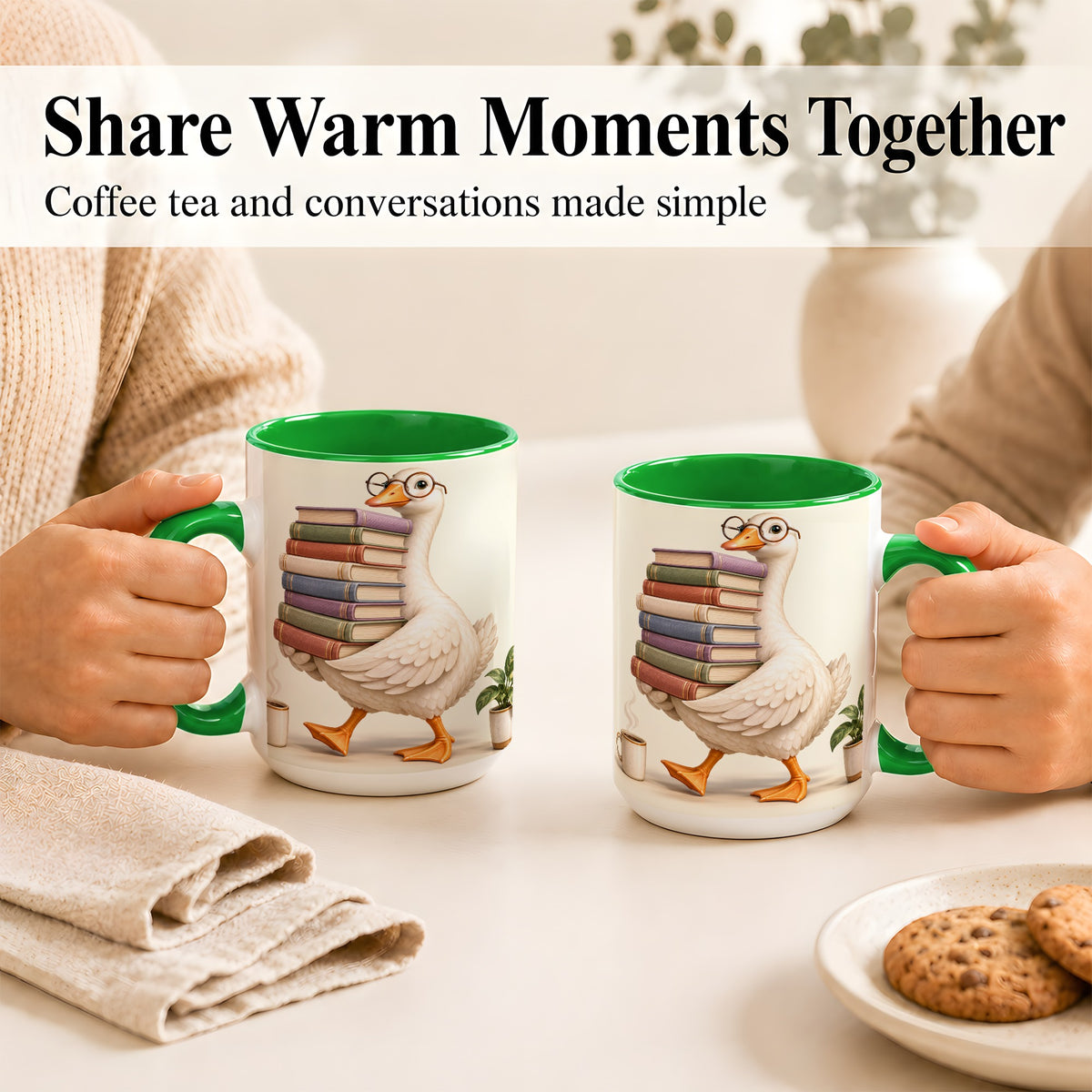 #pl[15oz|Green] Reading Goose Coffee Mug, Book Stack Mug, Ceramic Cup