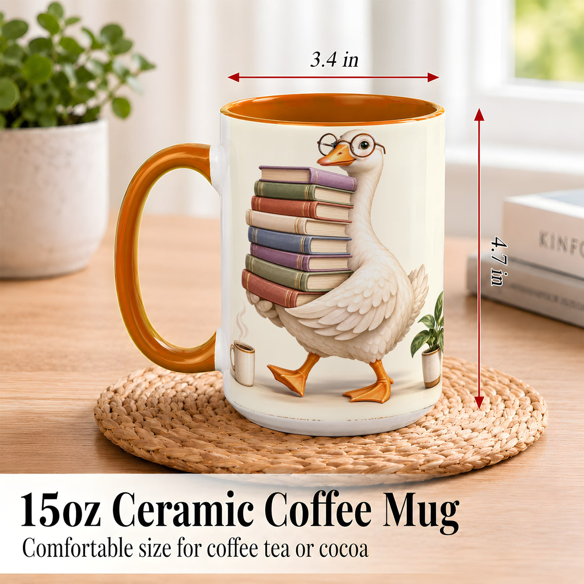 #pl[15oz|Orange] Reading Goose Coffee Mug, Book Stack Mug, Ceramic Cup