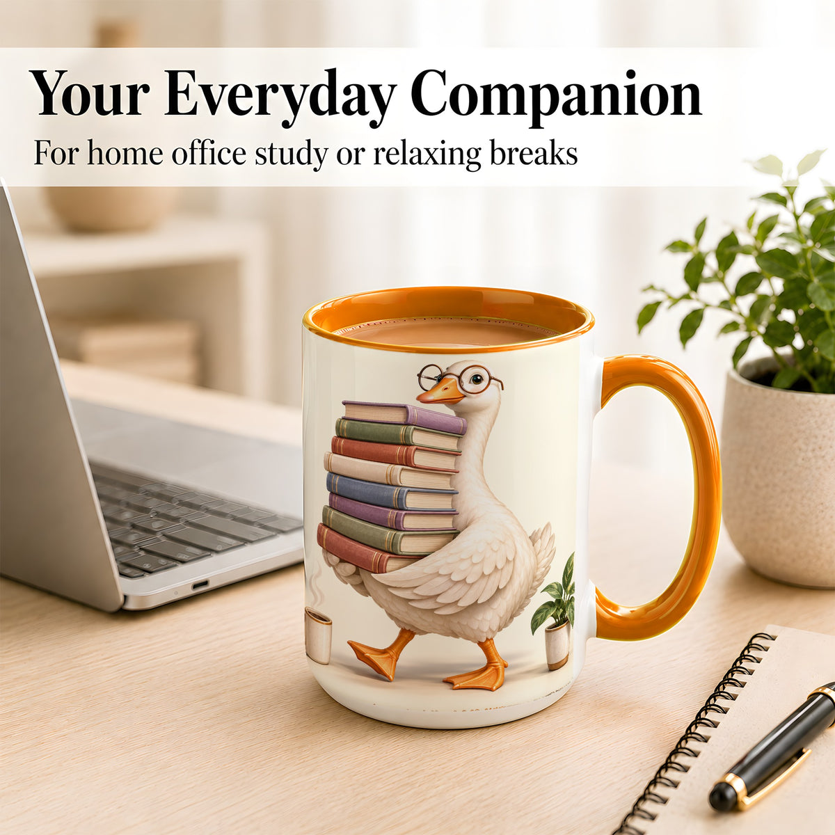 #pl[15oz|Orange] Reading Goose Coffee Mug, Book Stack Mug, Ceramic Cup