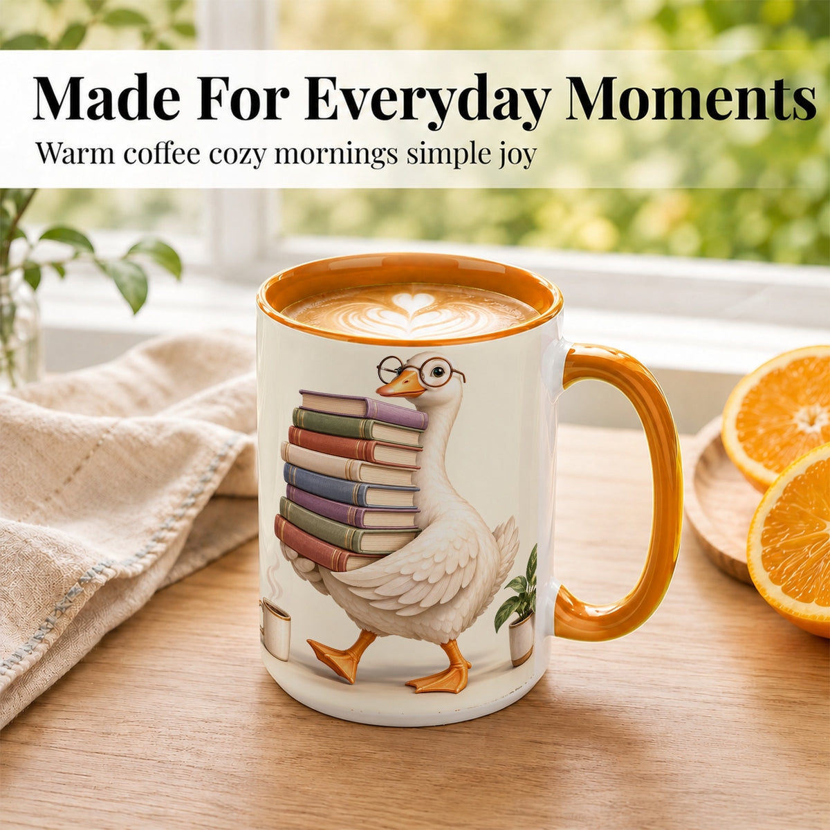 #pl[15oz|Orange] Reading Goose Coffee Mug, Book Stack Mug, Ceramic Cup