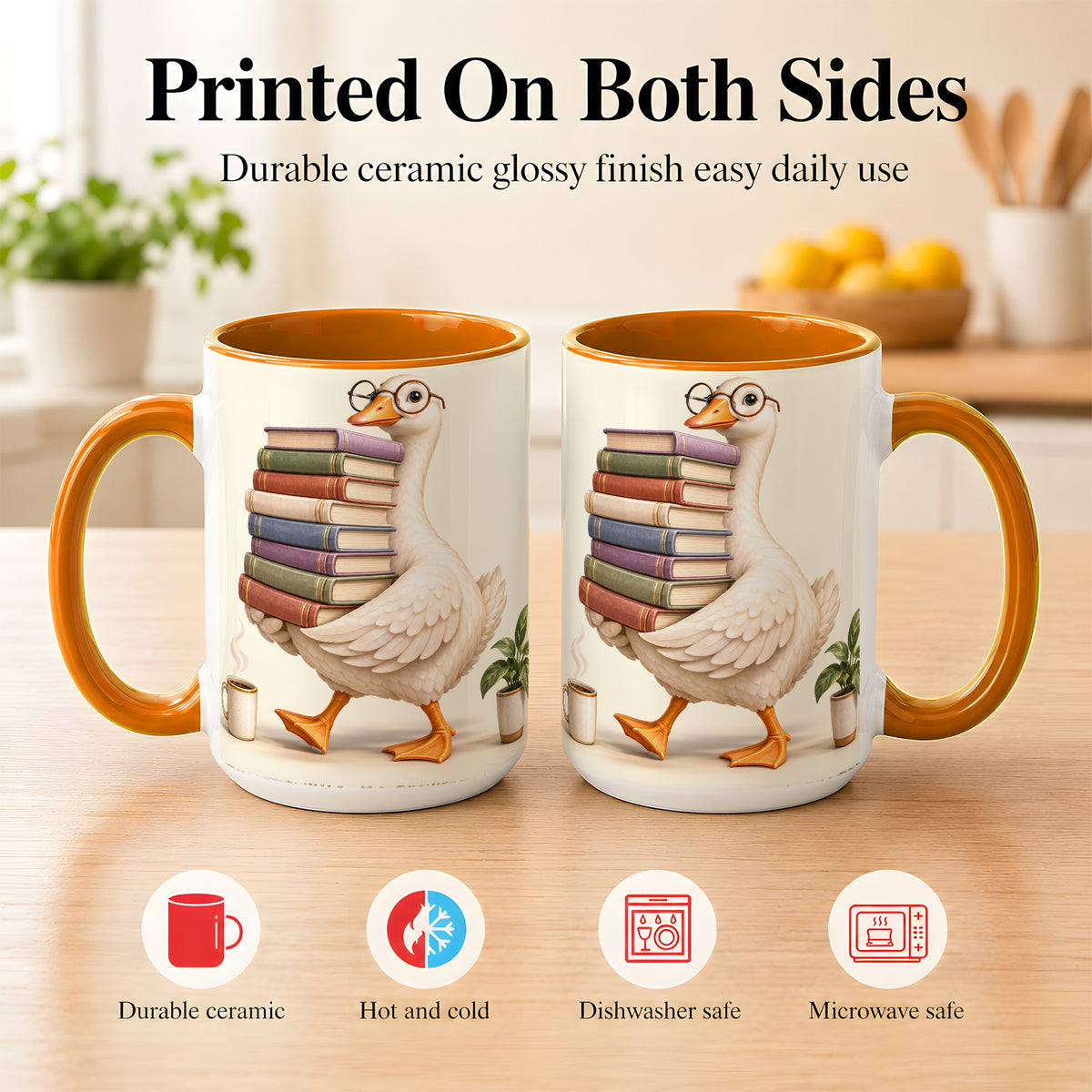 #pl[15oz|Orange] Reading Goose Coffee Mug, Book Stack Mug, Ceramic Cup