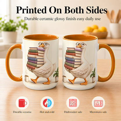 #pl[15oz|Orange] Reading Goose Coffee Mug, Book Stack Mug, Ceramic Cup