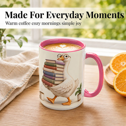 #pl[15oz|Pink] Reading Goose Coffee Mug, Book Stack Mug, Ceramic Cup