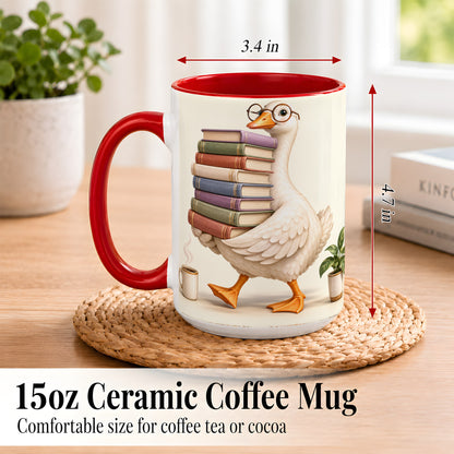 #pl[15oz|Red] Reading Goose Coffee Mug, Book Stack Mug, Ceramic Cup