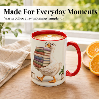 #pl[15oz|Red] Reading Goose Coffee Mug, Book Stack Mug, Ceramic Cup