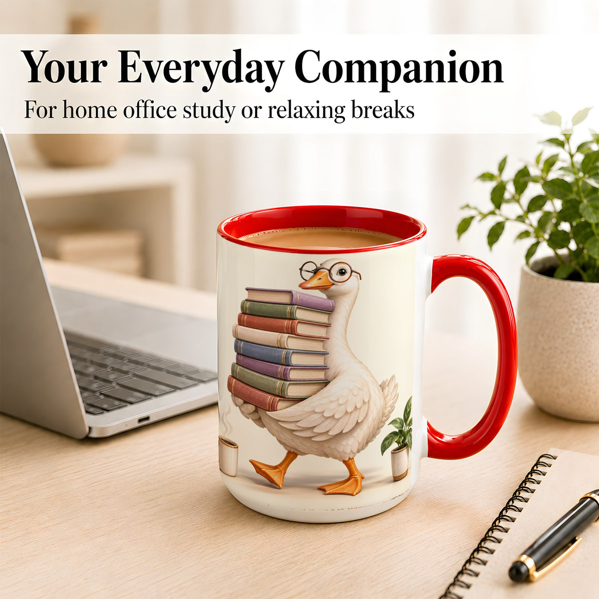 #pl[15oz|Red] Reading Goose Coffee Mug, Book Stack Mug, Ceramic Cup