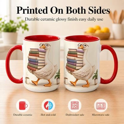 #pl[15oz|Red] Reading Goose Coffee Mug, Book Stack Mug, Ceramic Cup