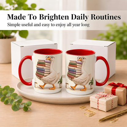 #pl[15oz|Red] Reading Goose Coffee Mug, Book Stack Mug, Ceramic Cup