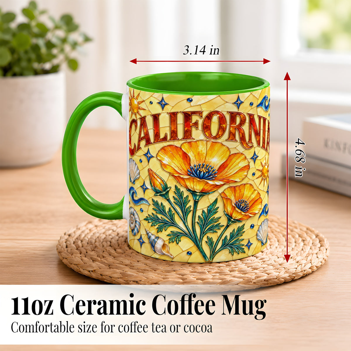 #pl[11oz|Green] California Poppy Coffee Mug, Stained Glass Style Mug, Ceramic Cup