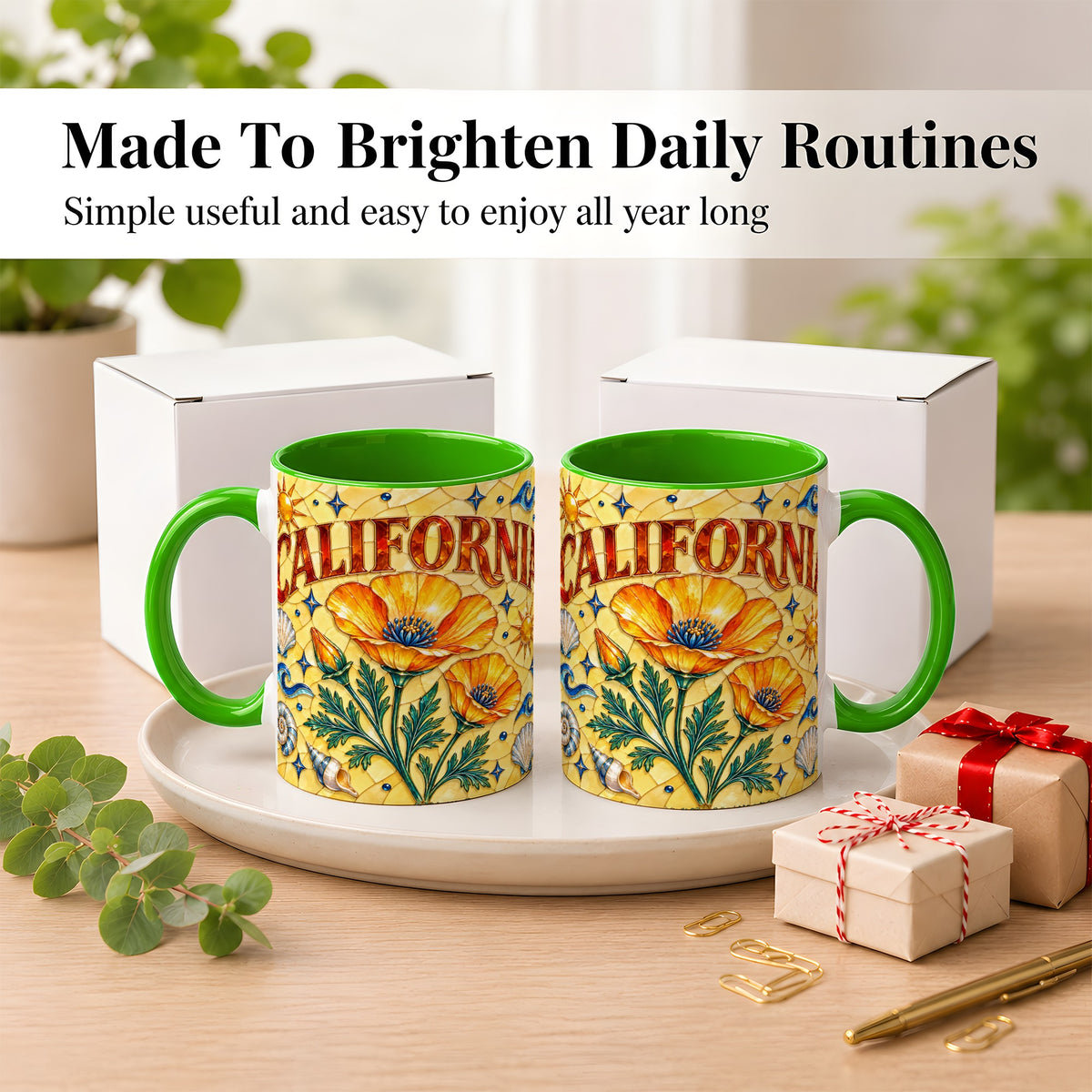 #pl[11oz|Green] California Poppy Coffee Mug, Stained Glass Style Mug, Ceramic Cup