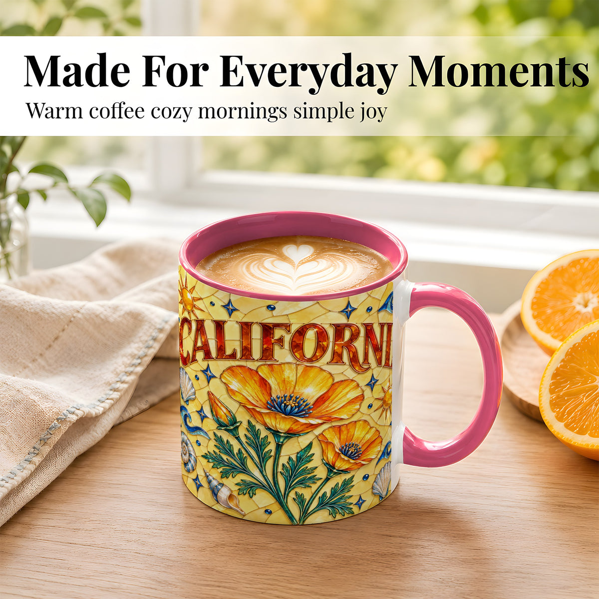#pl[11oz|Pink] California Poppy Coffee Mug, Stained Glass Style Mug, Ceramic Cup
