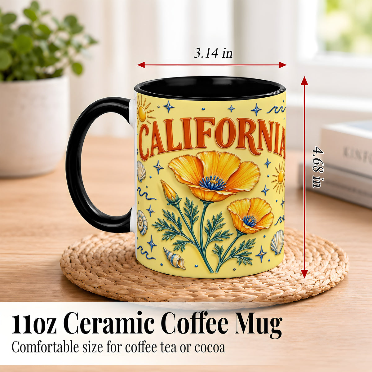 #pl[11oz|Black] California Poppy Coffee Mug, Sunny Coastal Mug, Ceramic Cup