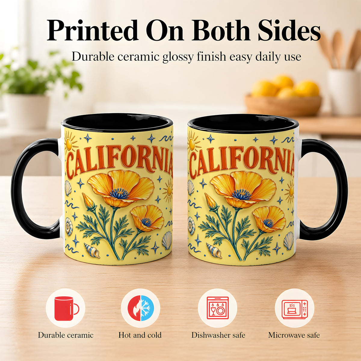 #pl[11oz|Black] California Poppy Coffee Mug, Sunny Coastal Mug, Ceramic Cup