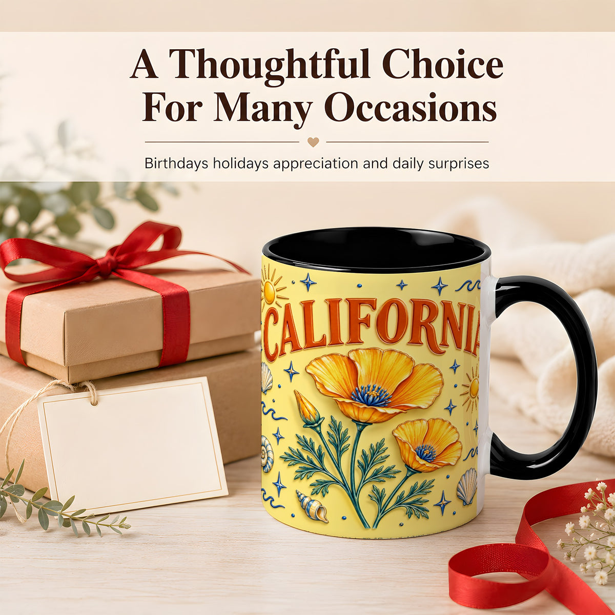 #pl[11oz|Black] California Poppy Coffee Mug, Sunny Coastal Mug, Ceramic Cup