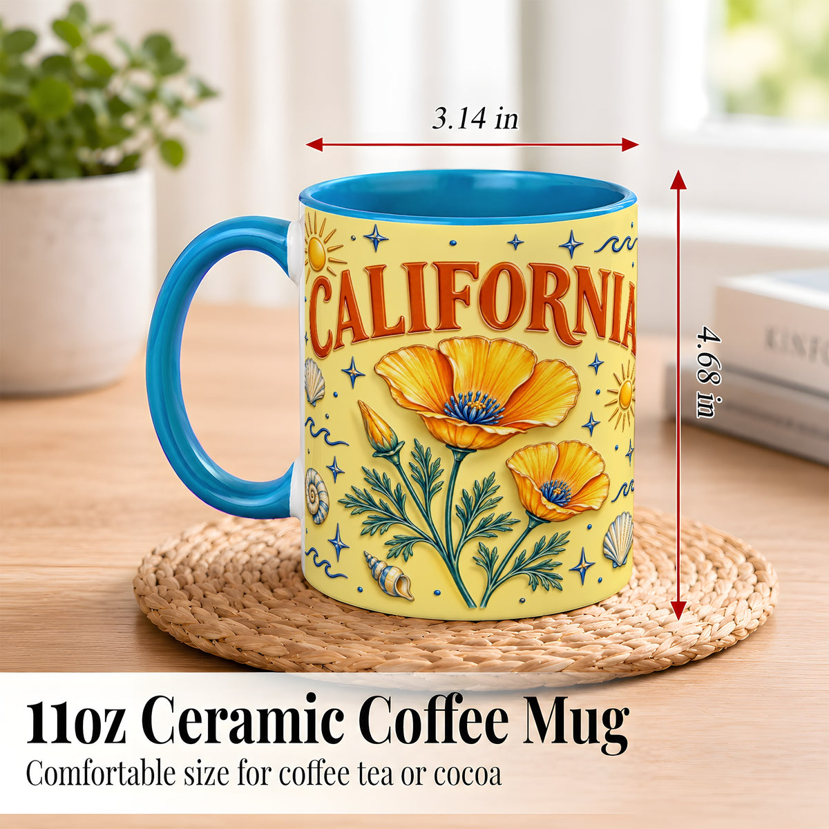 #pl[11oz|Blue] California Poppy Coffee Mug, Sunny Coastal Mug, Ceramic Cup