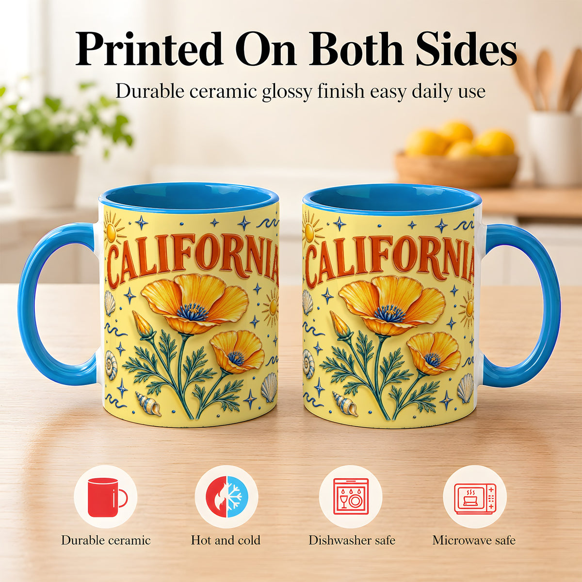 #pl[11oz|Blue] California Poppy Coffee Mug, Sunny Coastal Mug, Ceramic Cup