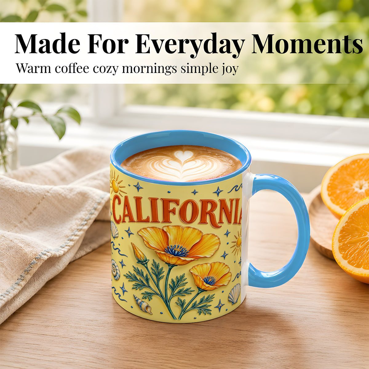 #pl[11oz|Blue] California Poppy Coffee Mug, Sunny Coastal Mug, Ceramic Cup