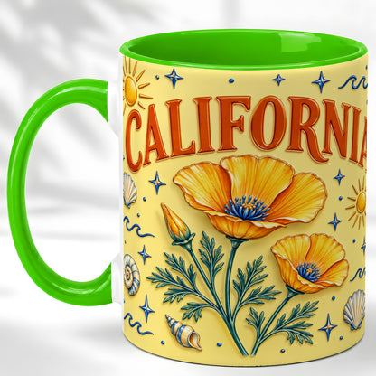 #pl[11oz|Green] California Poppy Coffee Mug, Sunny Coastal Mug, Ceramic Cup