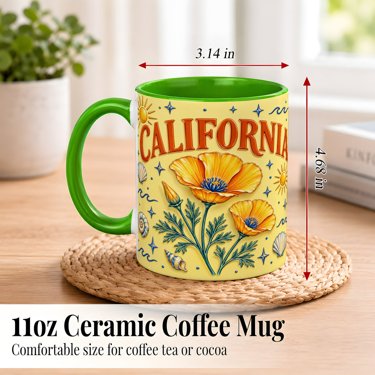 #pl[11oz|Green] California Poppy Coffee Mug, Sunny Coastal Mug, Ceramic Cup
