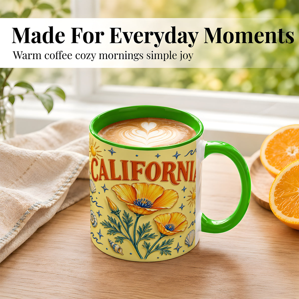 #pl[11oz|Green] California Poppy Coffee Mug, Sunny Coastal Mug, Ceramic Cup