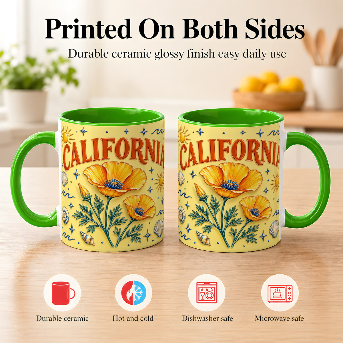 #pl[11oz|Green] California Poppy Coffee Mug, Sunny Coastal Mug, Ceramic Cup
