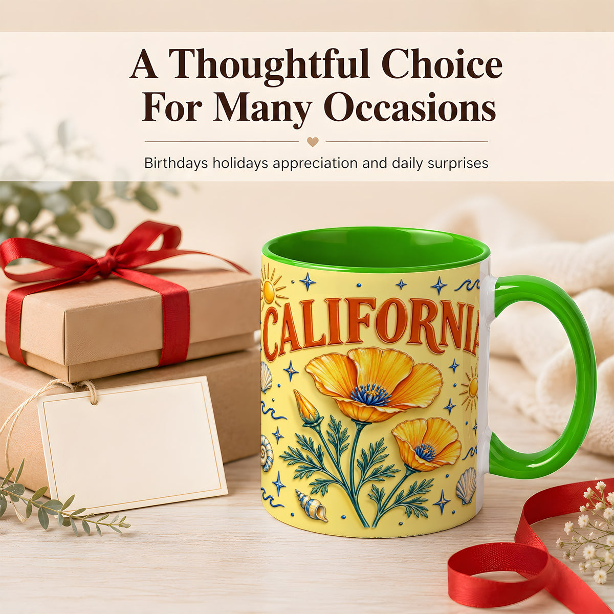 #pl[11oz|Green] California Poppy Coffee Mug, Sunny Coastal Mug, Ceramic Cup