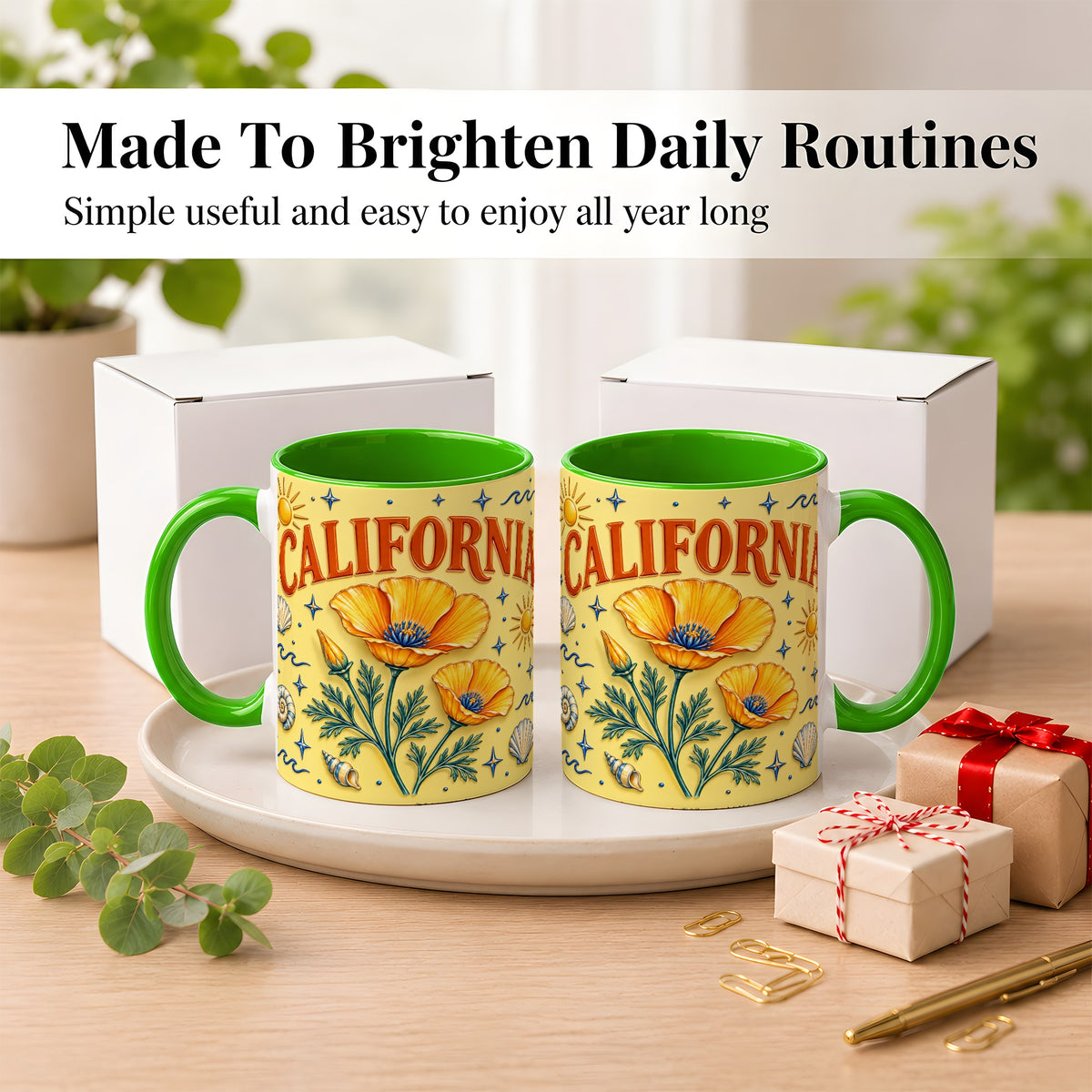 #pl[11oz|Green] California Poppy Coffee Mug, Sunny Coastal Mug, Ceramic Cup