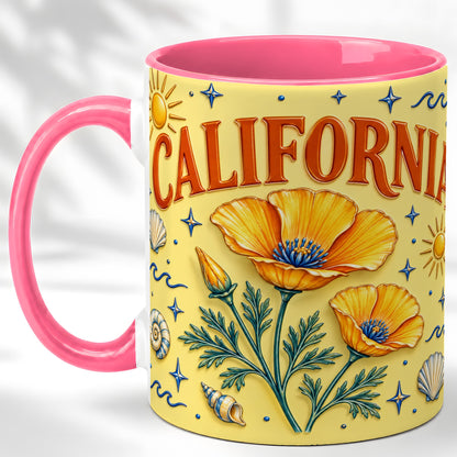 #pl[11oz|Pink] California Poppy Coffee Mug, Sunny Coastal Mug, Ceramic Cup