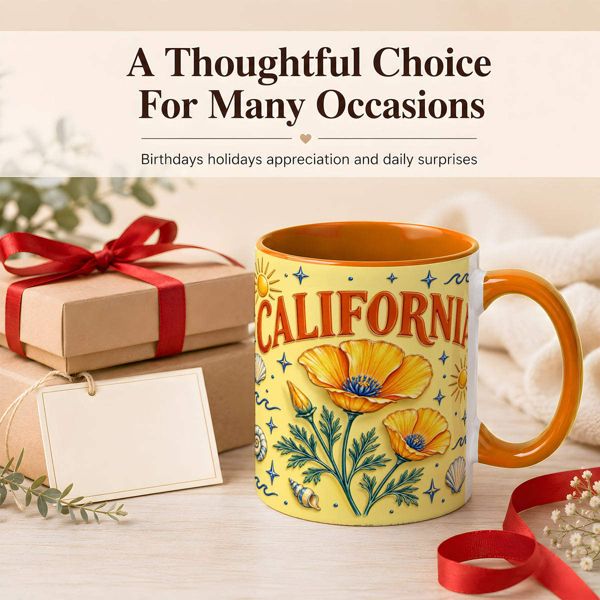 #pl[11oz|Orange] California Poppy Coffee Mug, Sunny Coastal Mug, Ceramic Cup