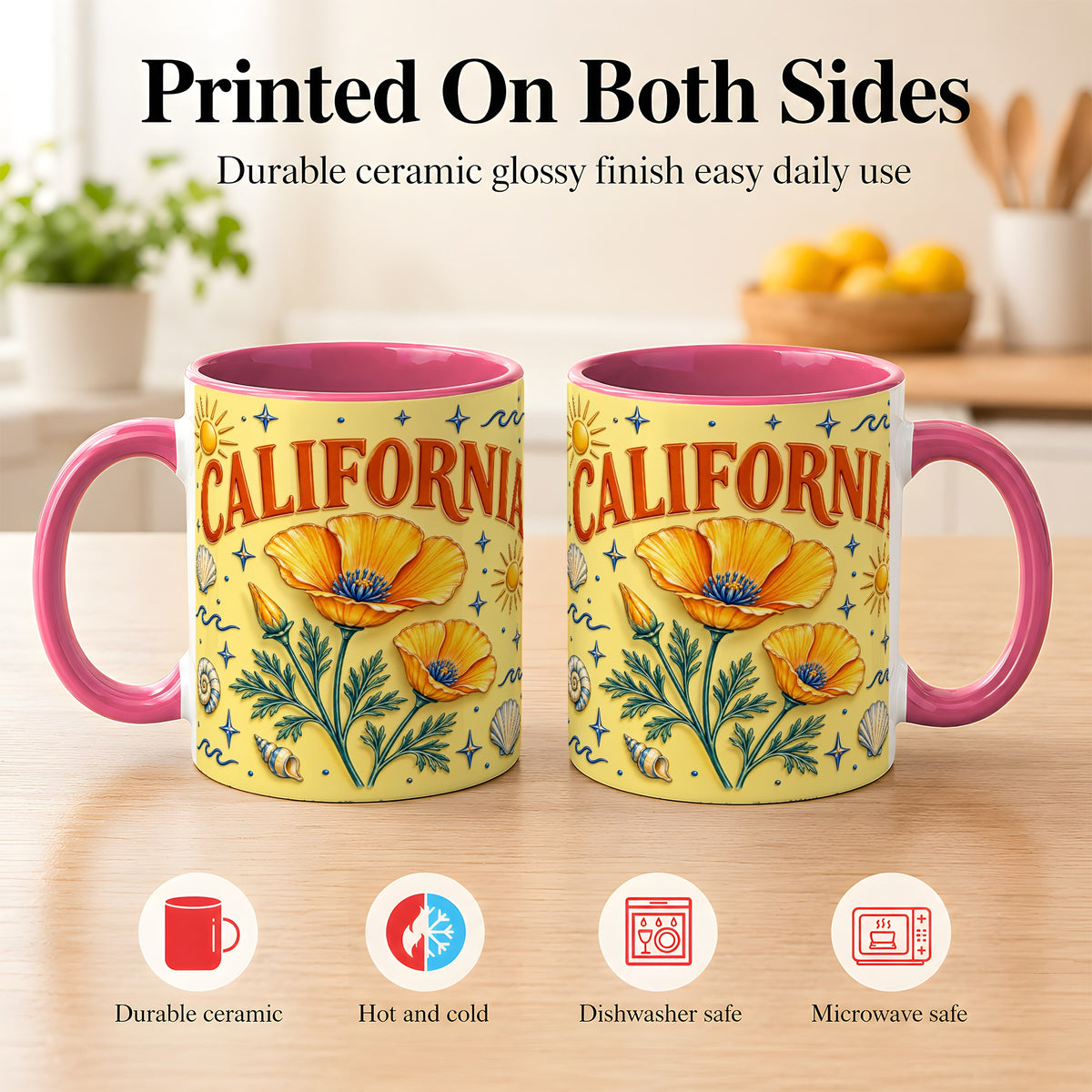 #pl[11oz|Pink] California Poppy Coffee Mug, Sunny Coastal Mug, Ceramic Cup