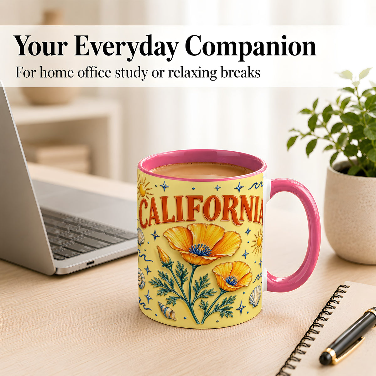 #pl[11oz|Pink] California Poppy Coffee Mug, Sunny Coastal Mug, Ceramic Cup