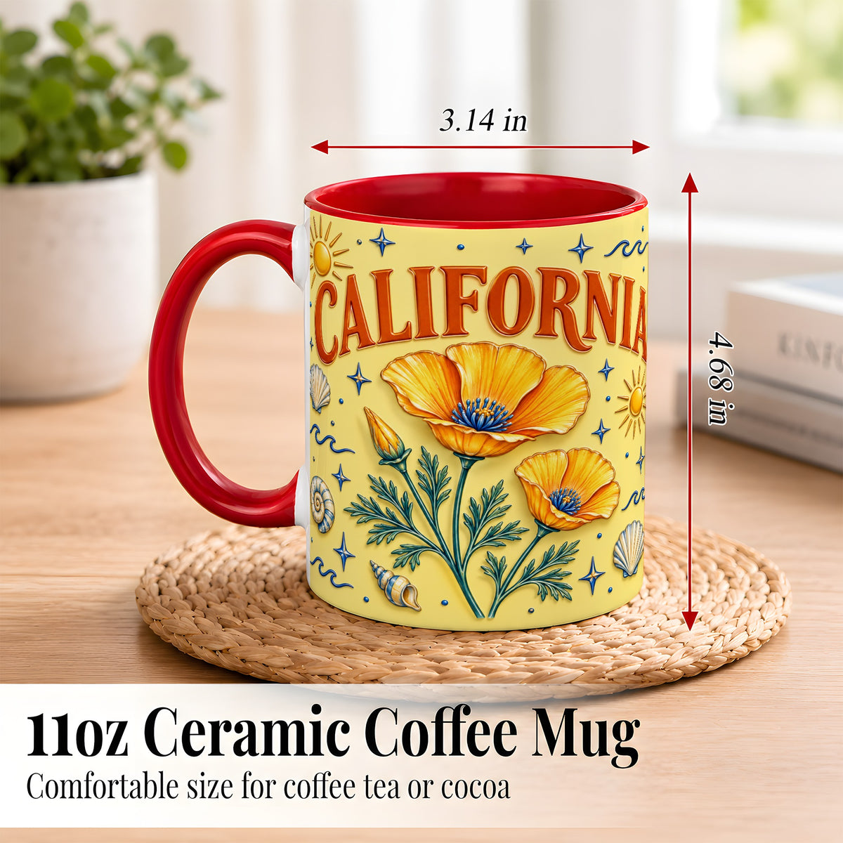 #pl[11oz|Red] California Poppy Coffee Mug, Sunny Coastal Mug, Ceramic Cup