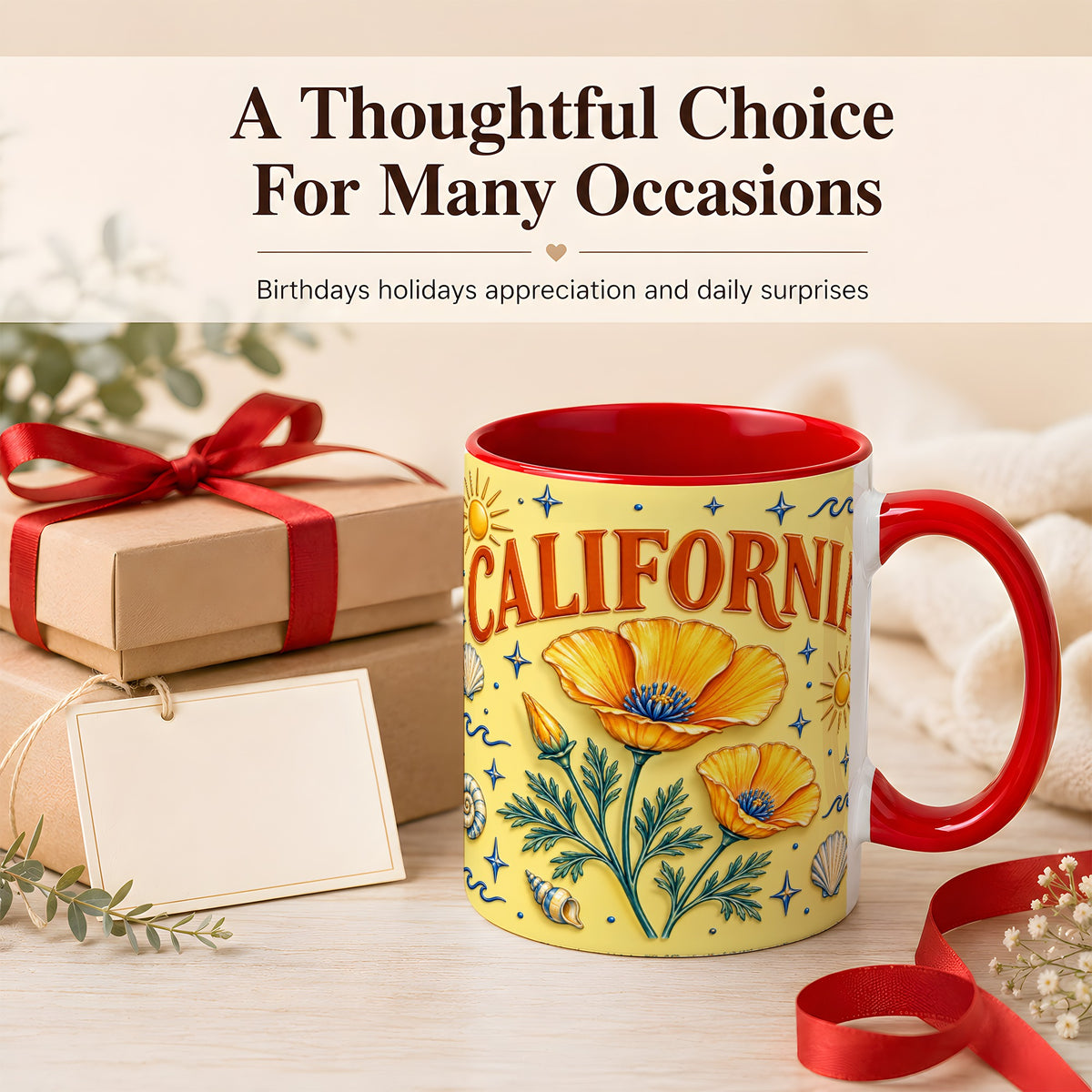#pl[11oz|Red] California Poppy Coffee Mug, Sunny Coastal Mug, Ceramic Cup