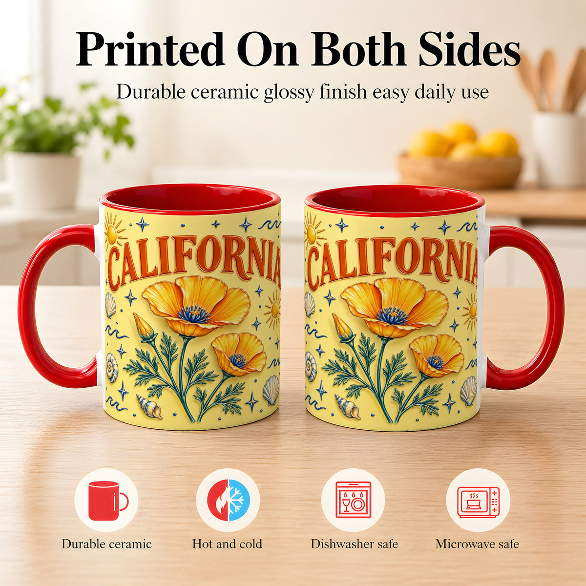 #pl[11oz|Red] California Poppy Coffee Mug, Sunny Coastal Mug, Ceramic Cup