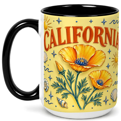 #pl[15oz|Black] California Poppy Coffee Mug, Sunny Coastal Mug, Ceramic Cup