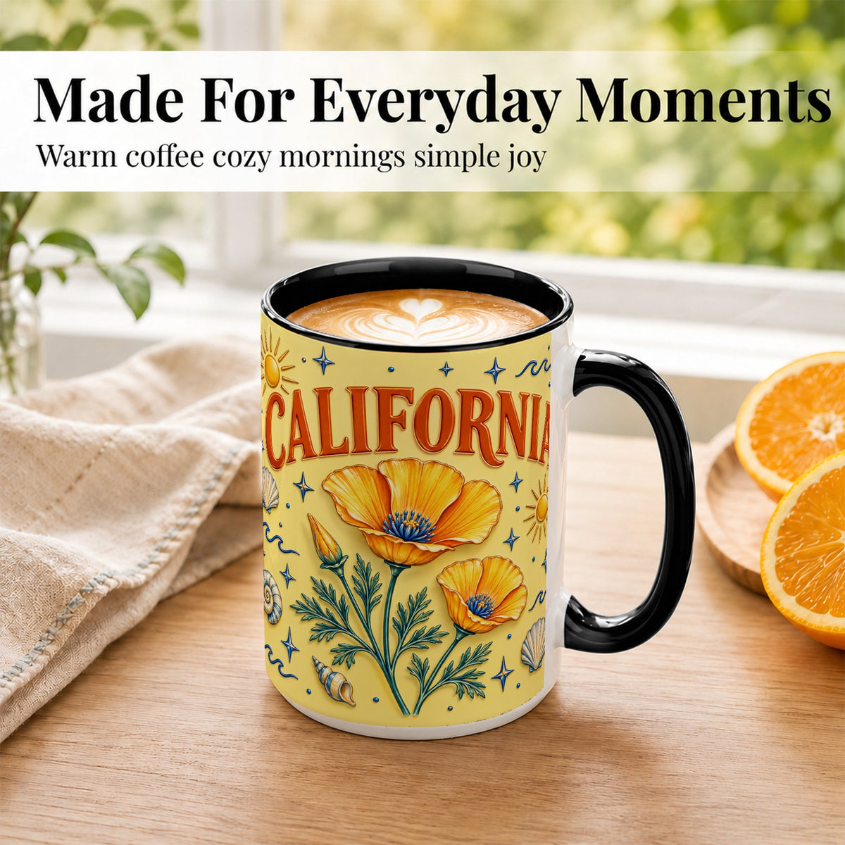 #pl[15oz|Black] California Poppy Coffee Mug, Sunny Coastal Mug, Ceramic Cup