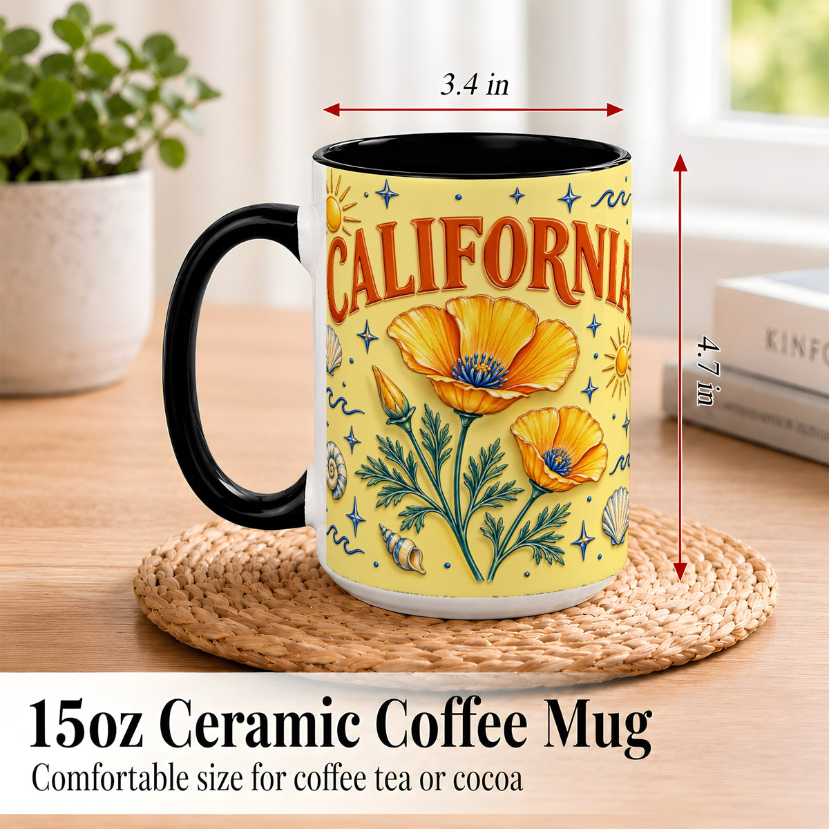 #pl[15oz|Black] California Poppy Coffee Mug, Sunny Coastal Mug, Ceramic Cup