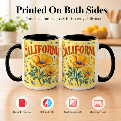 #pl[15oz|Black] California Poppy Coffee Mug, Sunny Coastal Mug, Ceramic Cup