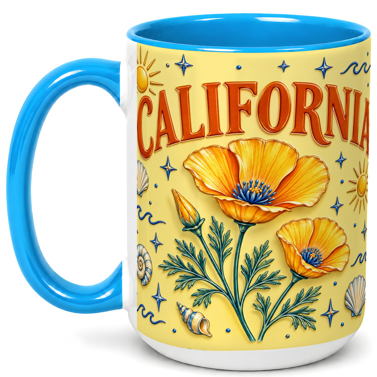 #pl[15oz|Blue] California Poppy Coffee Mug, Sunny Coastal Mug, Ceramic Cup