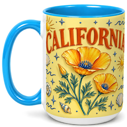 #pl[15oz|Blue] California Poppy Coffee Mug, Sunny Coastal Mug, Ceramic Cup