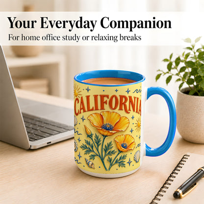 #pl[15oz|Blue] California Poppy Coffee Mug, Sunny Coastal Mug, Ceramic Cup