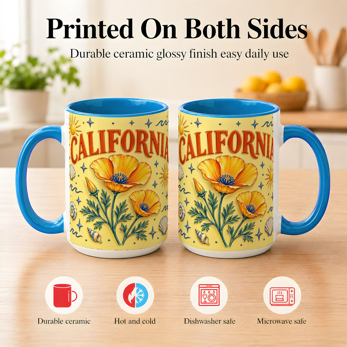 #pl[15oz|Blue] California Poppy Coffee Mug, Sunny Coastal Mug, Ceramic Cup