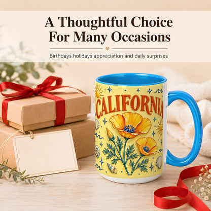 #pl[15oz|Blue] California Poppy Coffee Mug, Sunny Coastal Mug, Ceramic Cup